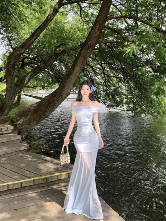 Glamorous Off-Shoulder Strapless Maxi Dress Minimalist Mesh Fabric Splicing Long Dress AP1160