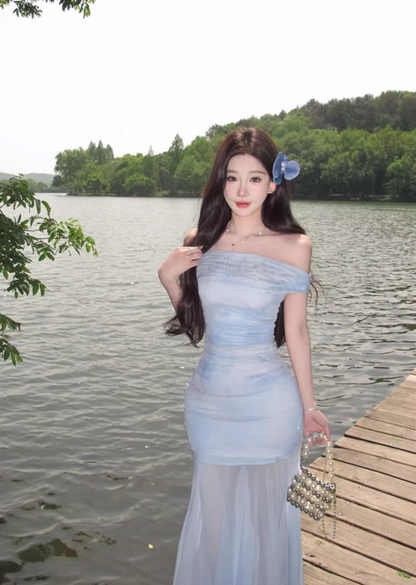 Glamorous Off-Shoulder Strapless Maxi Dress Minimalist Mesh Fabric Splicing Long Dress AP1160