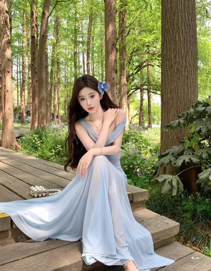 Glamorous Off-Shoulder Strapless Maxi Dress Minimalist Mesh Fabric Splicing Long Dress AP1160