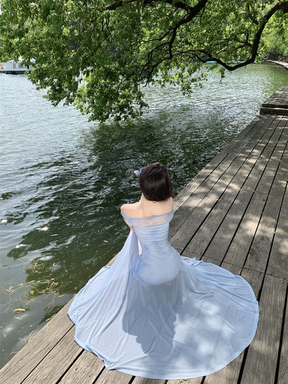 Glamorous Off-Shoulder Strapless Maxi Dress Minimalist Mesh Fabric Splicing Long Dress AP1160