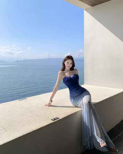 Ethereal Strapless Sheer Mesh Overlay Maxi Dress Blue Gradient Photographic Long Dress AP1161