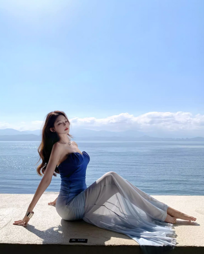 Ethereal Strapless Sheer Mesh Overlay Maxi Dress Blue Gradient Photographic Long Dress AP1161