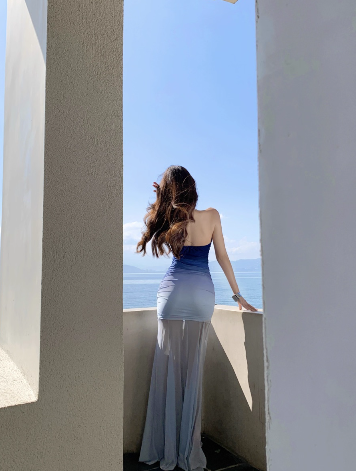 Ethereal Strapless Sheer Mesh Overlay Maxi Dress Blue Gradient Photographic Long Dress AP1161