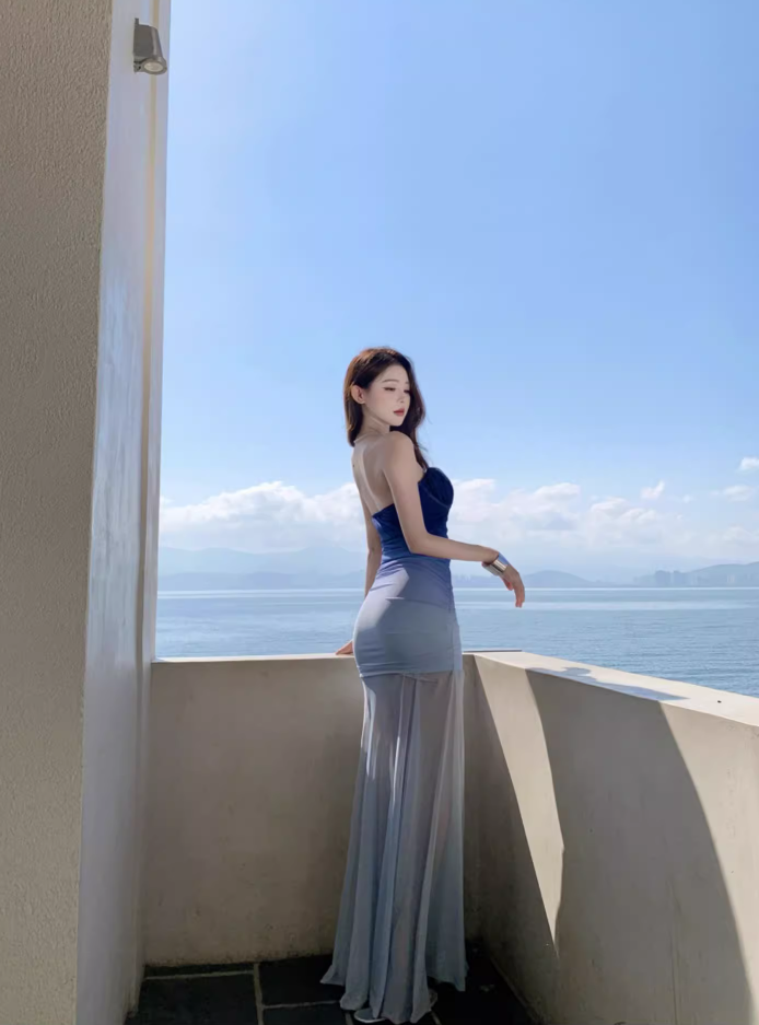 Ethereal Strapless Sheer Mesh Overlay Maxi Dress Blue Gradient Photographic Long Dress AP1161