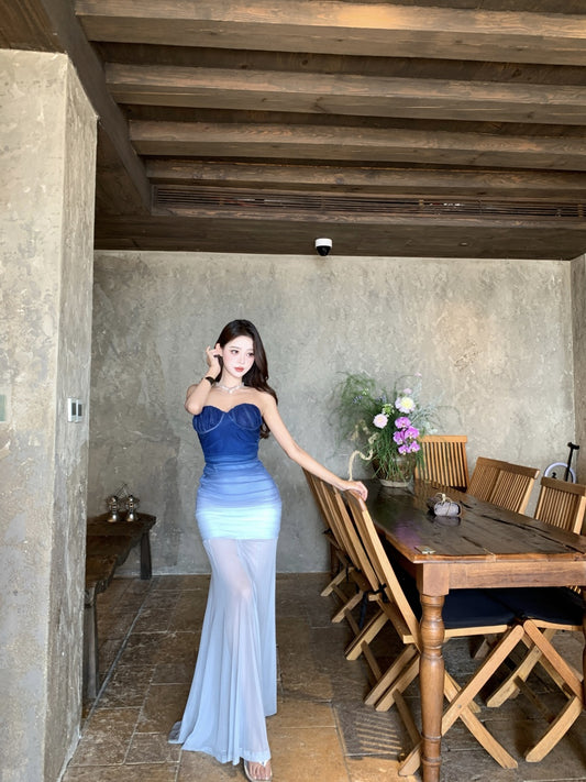 Ethereal Strapless Sheer Mesh Overlay Maxi Dress Blue Gradient Photographic Long Dress AP1161