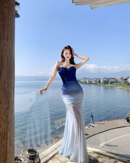 Ethereal Strapless Sheer Mesh Overlay Maxi Dress Blue Gradient Photographic Long Dress AP1161