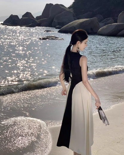 Classical Black & White Splicing Maxi Dress Photographic Sleeveless A-Line Long Dress AP1162