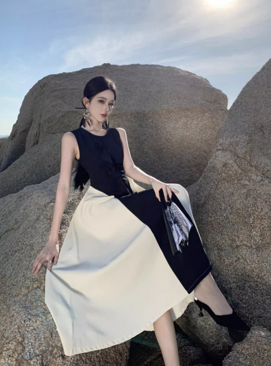 Classical Black & White Splicing Maxi Dress Photographic Sleeveless A-Line Long Dress AP1162