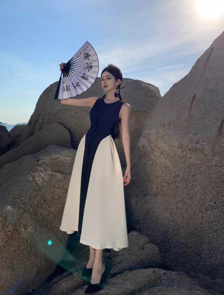 Classical Black & White Splicing Maxi Dress Photographic Sleeveless A-Line Long Dress AP1162