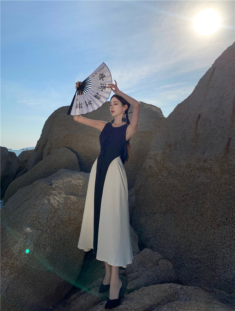 Classical Black & White Splicing Maxi Dress Photographic Sleeveless A-Line Long Dress AP1162