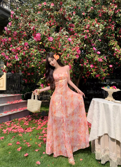 Garden Party Floral Sheer Chiffon Ruffled Maxi Dress Spaghetti Strap A-Line Long Dress AP1163