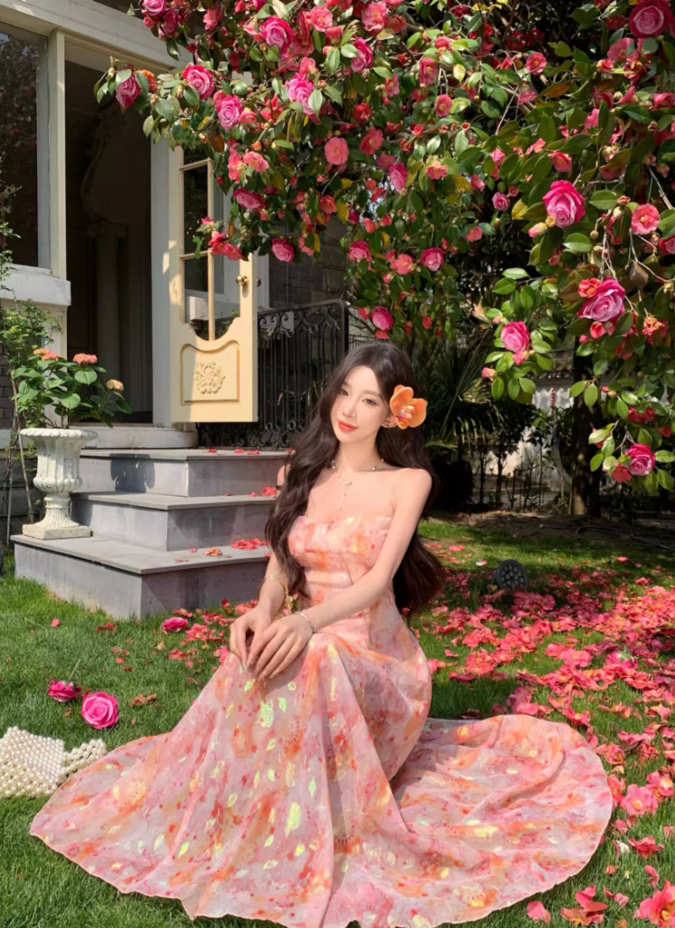 Garden Party Floral Sheer Chiffon Ruffled Maxi Dress Spaghetti Strap A-Line Long Dress AP1163