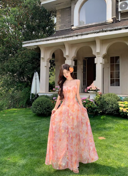 Garden Party Floral Sheer Chiffon Ruffled Maxi Dress Spaghetti Strap A-Line Long Dress AP1163