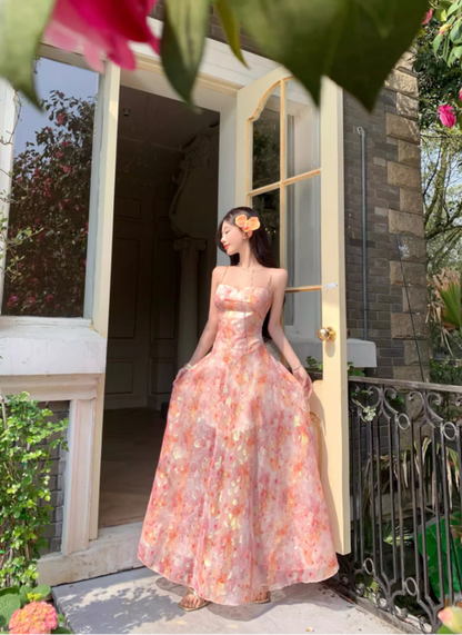 Garden Party Floral Sheer Chiffon Ruffled Maxi Dress Spaghetti Strap A-Line Long Dress AP1163