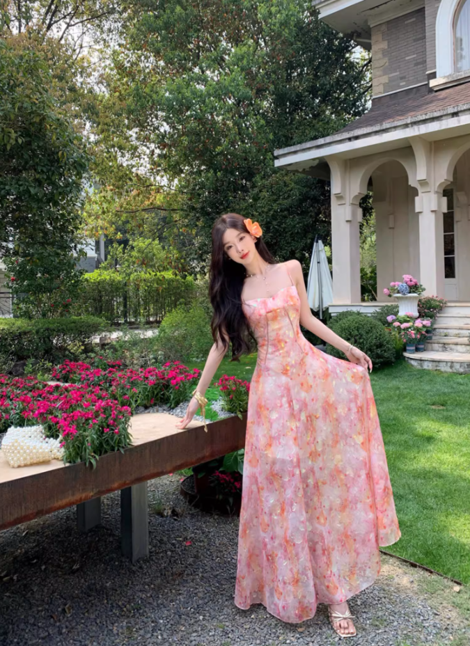 Garden Party Floral Sheer Chiffon Ruffled Maxi Dress Spaghetti Strap A-Line Long Dress AP1163