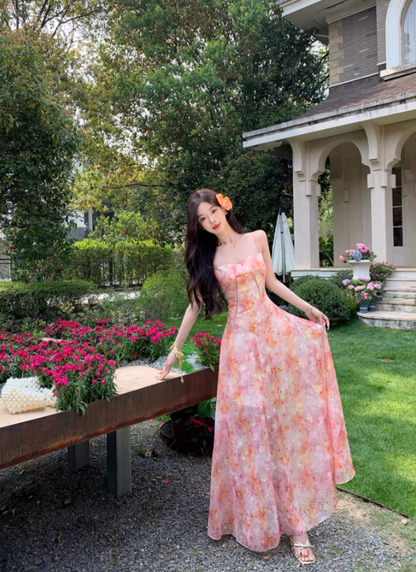 Garden Party Floral Sheer Chiffon Ruffled Maxi Dress Spaghetti Strap A-Line Long Dress AP1163