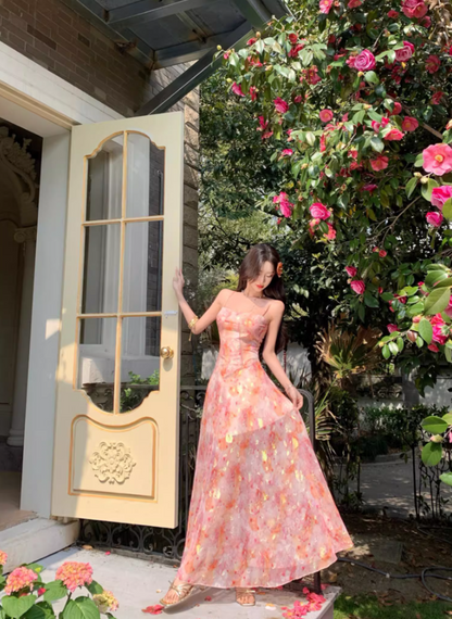 Garden Party Floral Sheer Chiffon Ruffled Maxi Dress Spaghetti Strap A-Line Long Dress AP1163