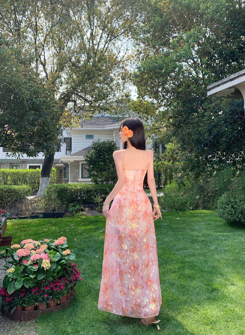 Garden Party Floral Sheer Chiffon Ruffled Maxi Dress Spaghetti Strap A-Line Long Dress AP1163