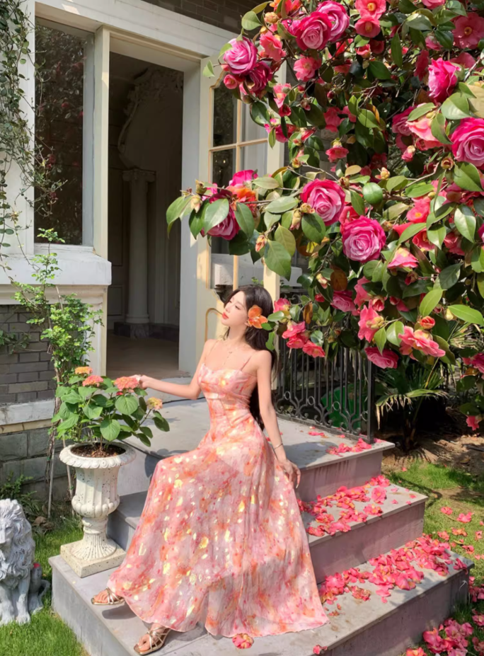 Garden Party Floral Sheer Chiffon Ruffled Maxi Dress Spaghetti Strap A-Line Long Dress AP1163