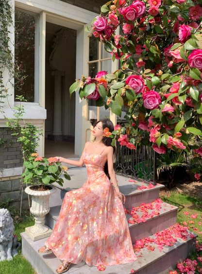 Garden Party Floral Sheer Chiffon Ruffled Maxi Dress Spaghetti Strap A-Line Long Dress AP1163