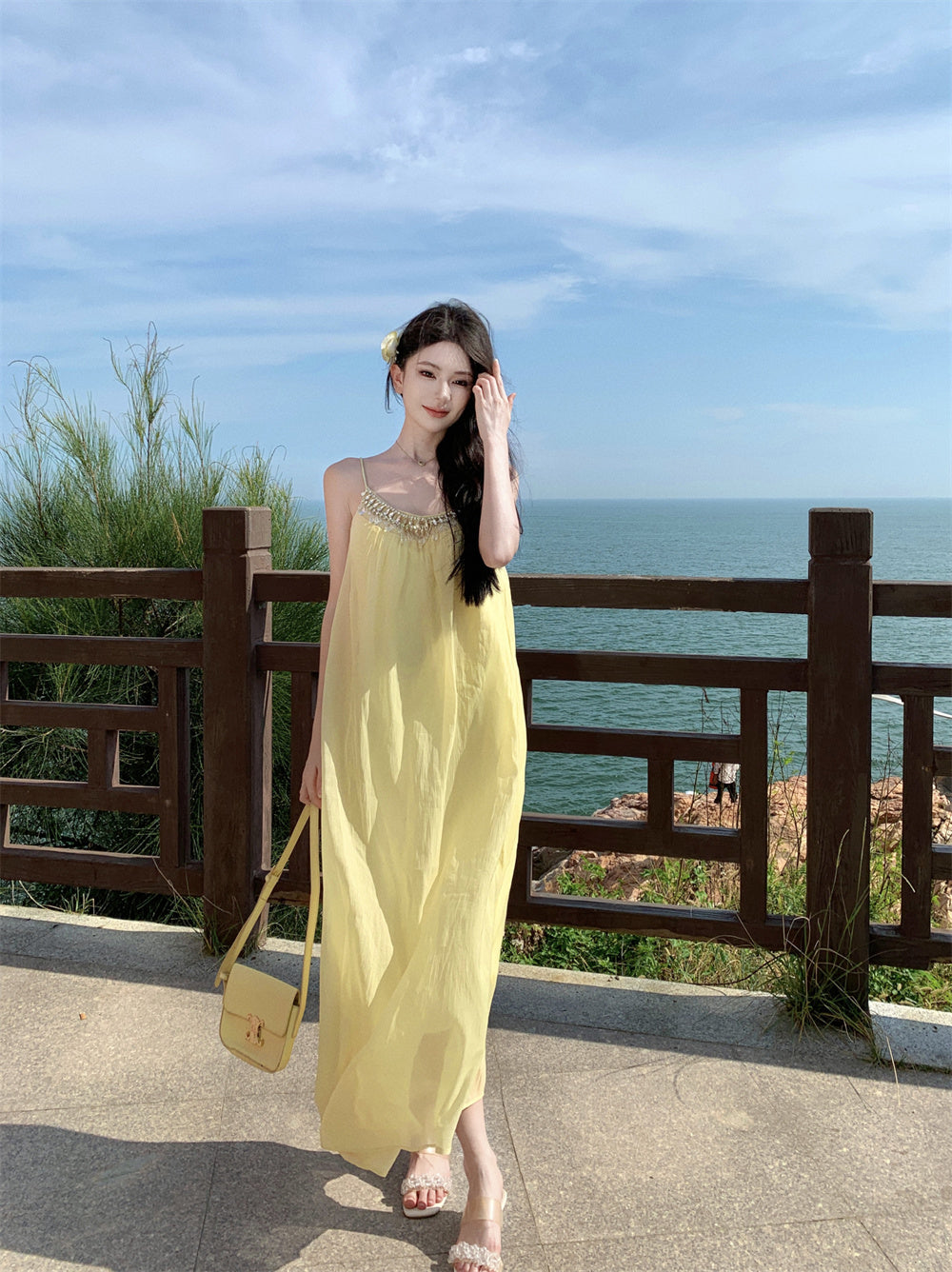 Chic Relaxed Beach Spaghetti Strap Beaded Neckline Maxi Dress Minimalist A-Line Long Dress AP1164