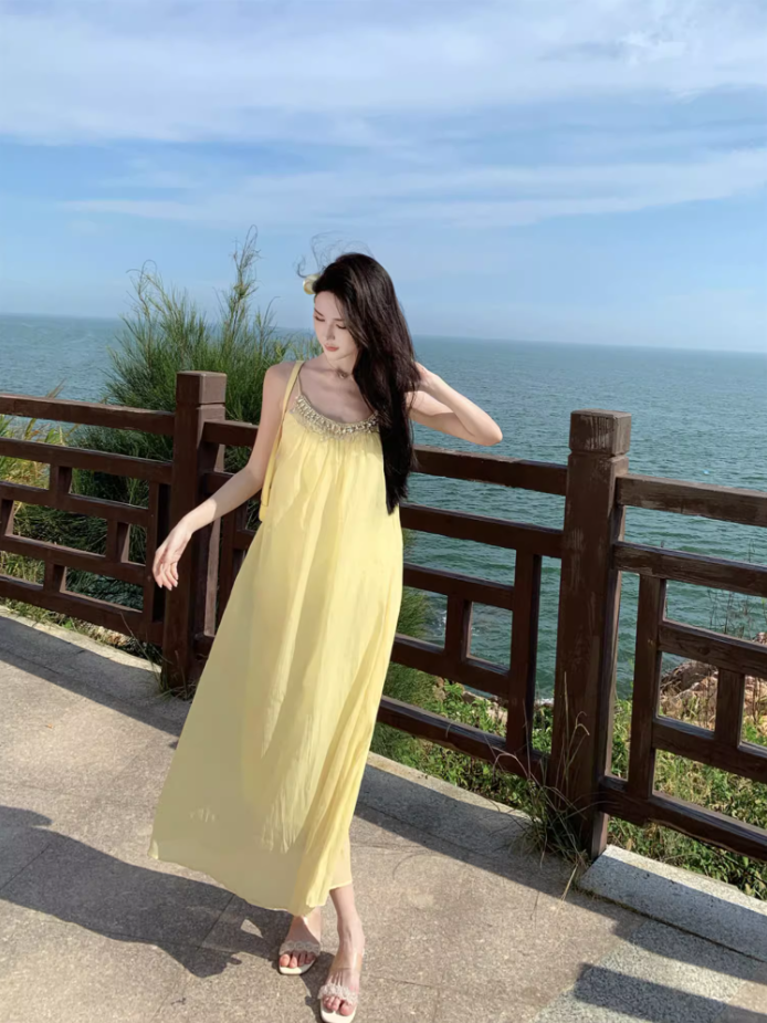 Chic Relaxed Beach Spaghetti Strap Beaded Neckline Maxi Dress Minimalist A-Line Long Dress AP1164