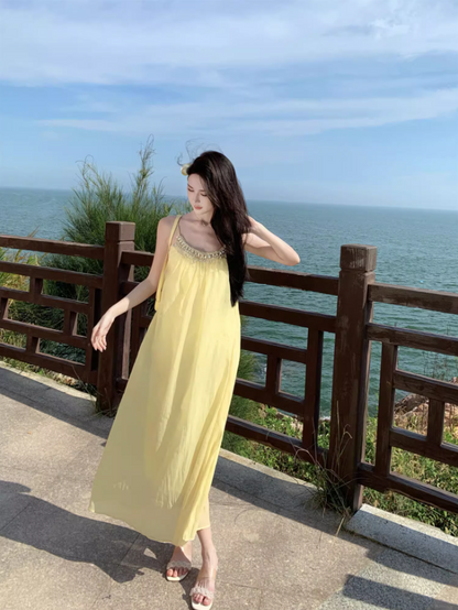 Chic Relaxed Beach Spaghetti Strap Beaded Neckline Maxi Dress Minimalist A-Line Long Dress AP1164