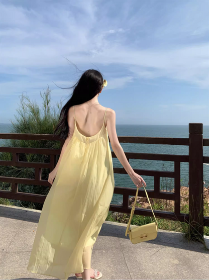 Chic Relaxed Beach Spaghetti Strap Beaded Neckline Maxi Dress Minimalist A-Line Long Dress AP1164