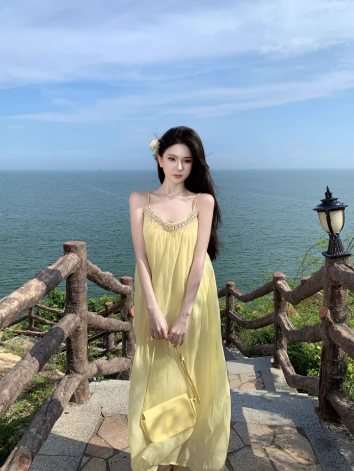 Chic Relaxed Beach Spaghetti Strap Beaded Neckline Maxi Dress Minimalist A-Line Long Dress AP1164