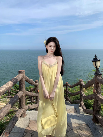 Chic Relaxed Beach Spaghetti Strap Beaded Neckline Maxi Dress Minimalist A-Line Long Dress AP1164