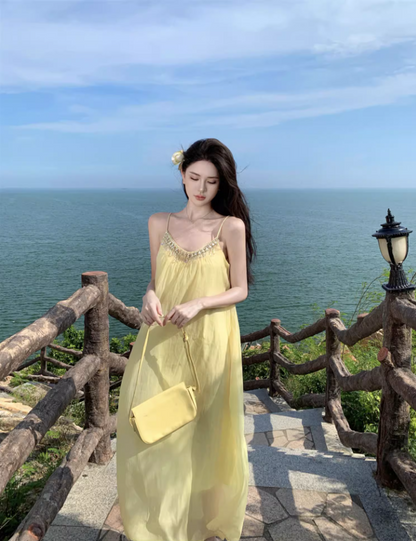 Chic Relaxed Beach Spaghetti Strap Beaded Neckline Maxi Dress Minimalist A-Line Long Dress AP1164