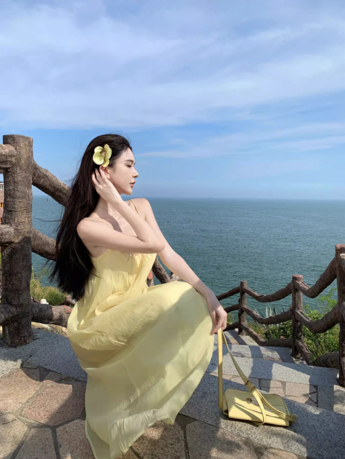 Chic Relaxed Beach Spaghetti Strap Beaded Neckline Maxi Dress Minimalist A-Line Long Dress AP1164