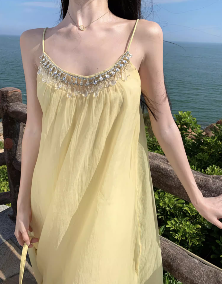 Chic Relaxed Beach Spaghetti Strap Beaded Neckline Maxi Dress Minimalist A-Line Long Dress AP1164