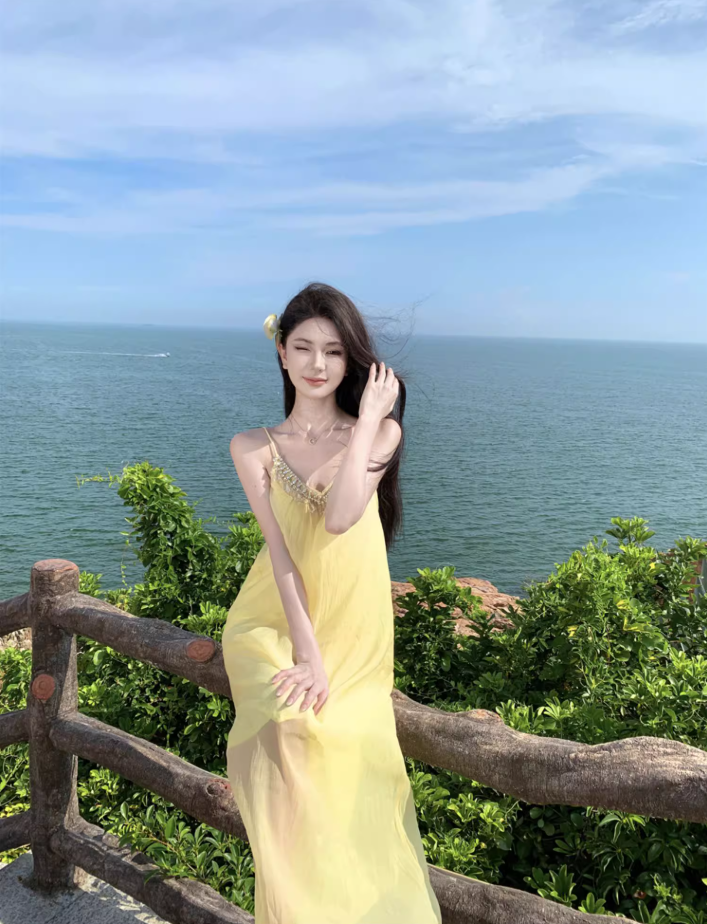 Chic Relaxed Beach Spaghetti Strap Beaded Neckline Maxi Dress Minimalist A-Line Long Dress AP1164