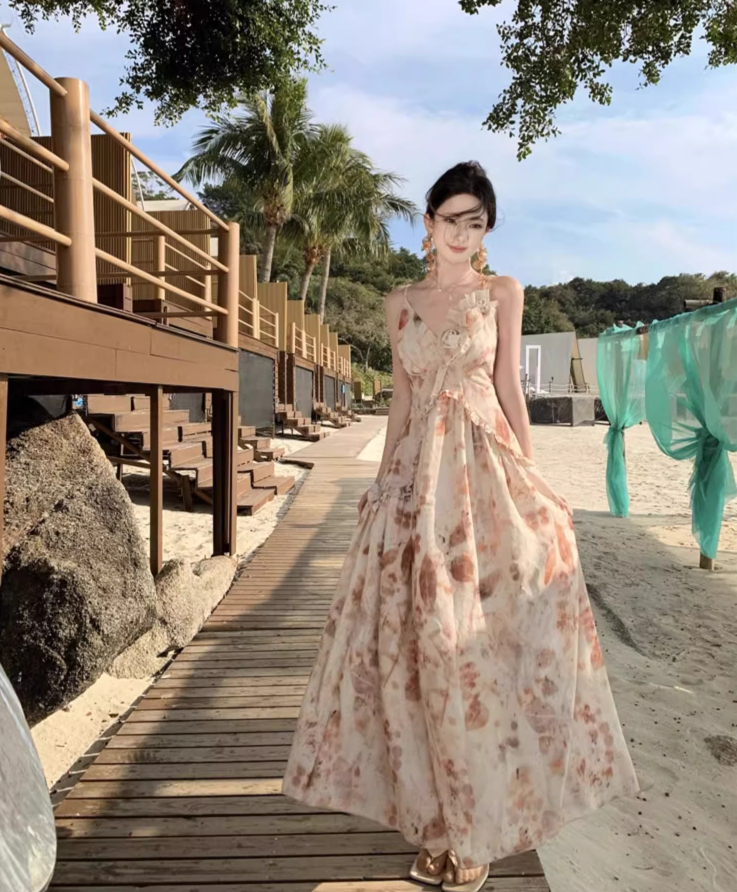 Elegant Floral Design Vacation Outfit Maxi Dress Spaghetti Strap Leaf Printed Long Dress AP1165