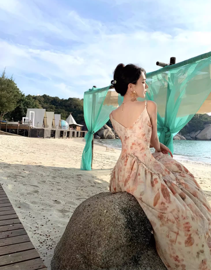 Elegant Floral Design Vacation Outfit Maxi Dress Spaghetti Strap Leaf Printed Long Dress AP1165