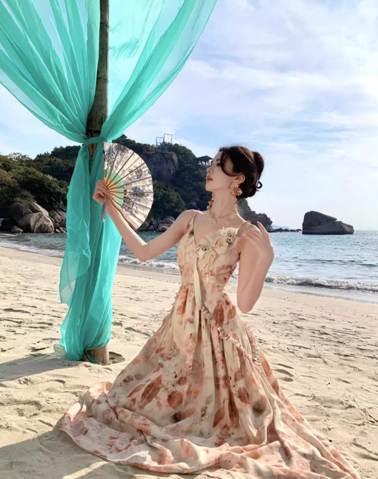 Elegant Floral Design Vacation Outfit Maxi Dress Spaghetti Strap Leaf Printed Long Dress AP1165