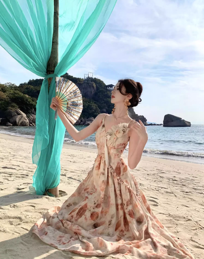 Elegant Floral Design Vacation Outfit Maxi Dress Spaghetti Strap Leaf Printed Long Dress AP1165