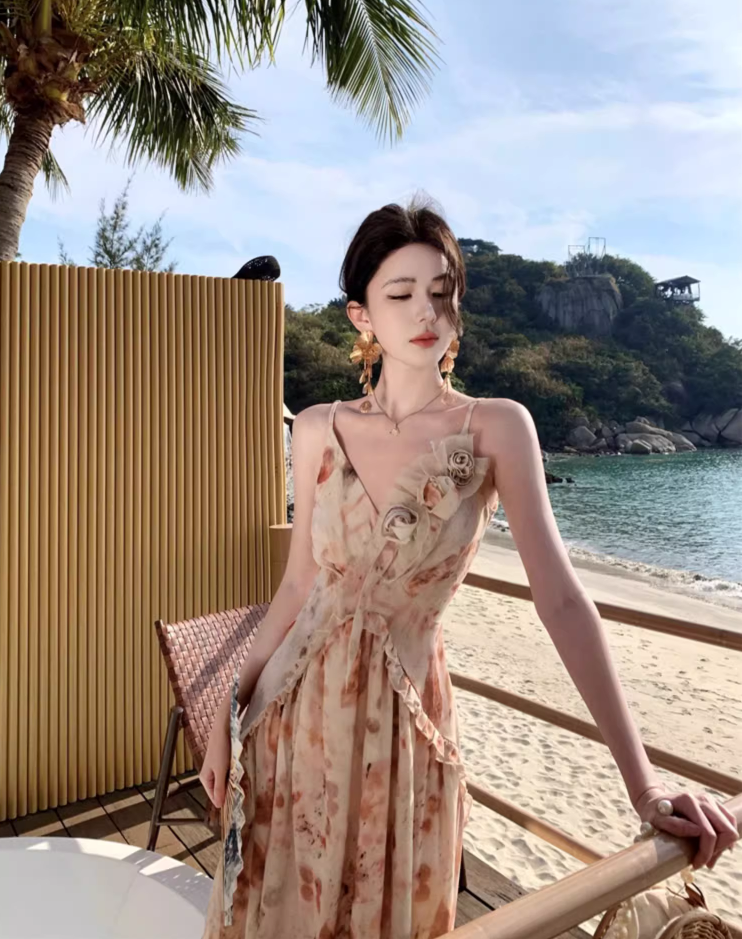 Elegant Floral Design Vacation Outfit Maxi Dress Spaghetti Strap Leaf Printed Long Dress AP1165