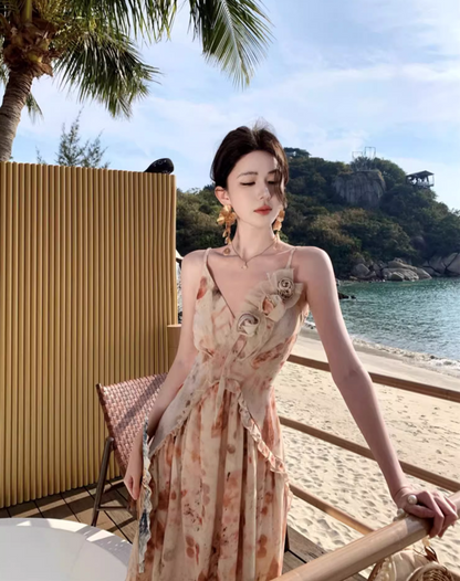 Elegant Floral Design Vacation Outfit Maxi Dress Spaghetti Strap Leaf Printed Long Dress AP1165