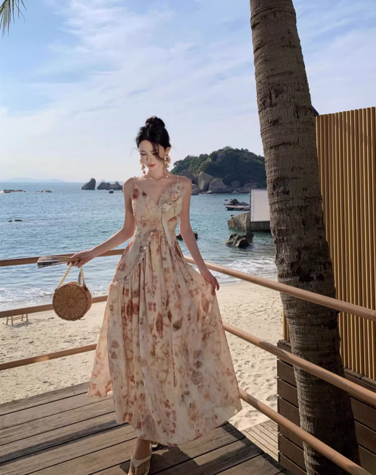 Elegant Floral Design Vacation Outfit Maxi Dress Spaghetti Strap Leaf Printed Long Dress AP1165