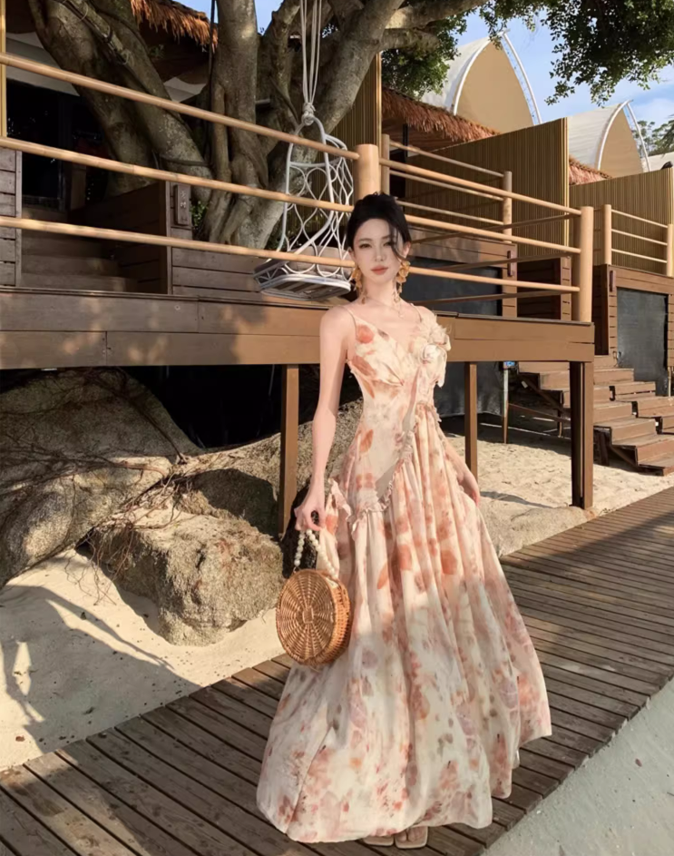 Elegant Floral Design Vacation Outfit Maxi Dress Spaghetti Strap Leaf Printed Long Dress AP1165