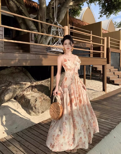 Elegant Floral Design Vacation Outfit Maxi Dress Spaghetti Strap Leaf Printed Long Dress AP1165