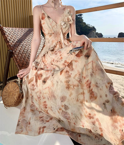 Elegant Floral Design Vacation Outfit Maxi Dress Spaghetti Strap Leaf Printed Long Dress AP1165