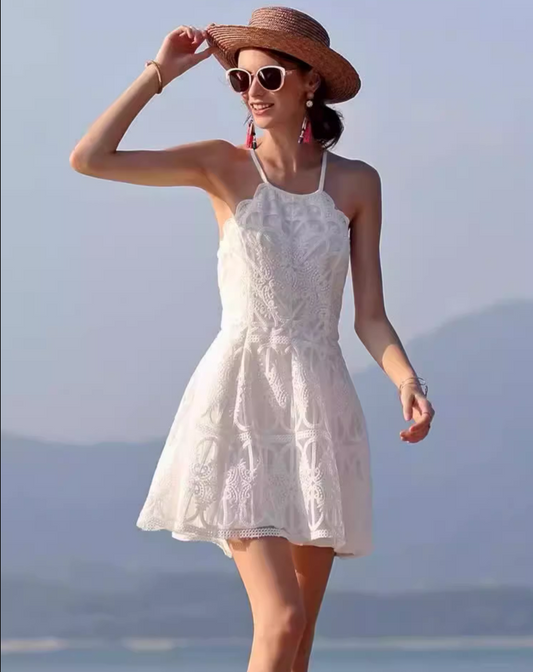 Elegant Applique Lace Overlay Mini Dress With Lining Retro Backless Tie-Back Halter Short Dress AP1166