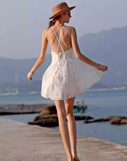 Elegant Applique Lace Overlay Mini Dress With Lining Retro Backless Tie-Back Halter Short Dress AP1166