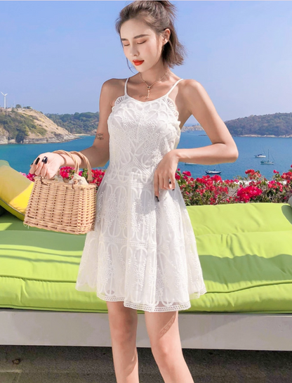 Elegant Applique Lace Overlay Mini Dress With Lining Retro Backless Tie-Back Halter Short Dress AP1166