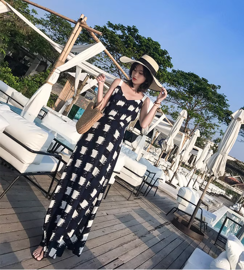 Gen Z Style Checkered Maxi Dress Resort Vacation Spaghetti Strap Long Dress AP1167