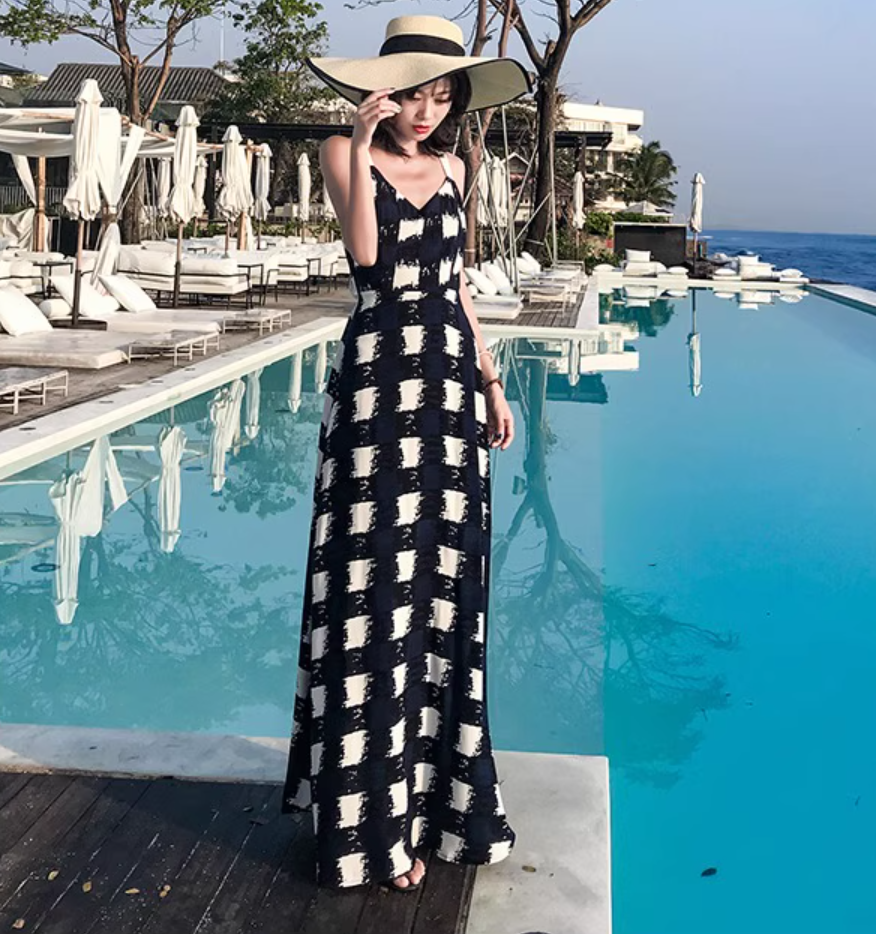 Gen Z Style Checkered Maxi Dress Resort Vacation Spaghetti Strap Long Dress AP1167