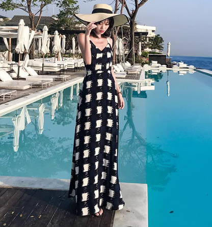 Gen Z Style Checkered Maxi Dress Resort Vacation Spaghetti Strap Long Dress AP1167
